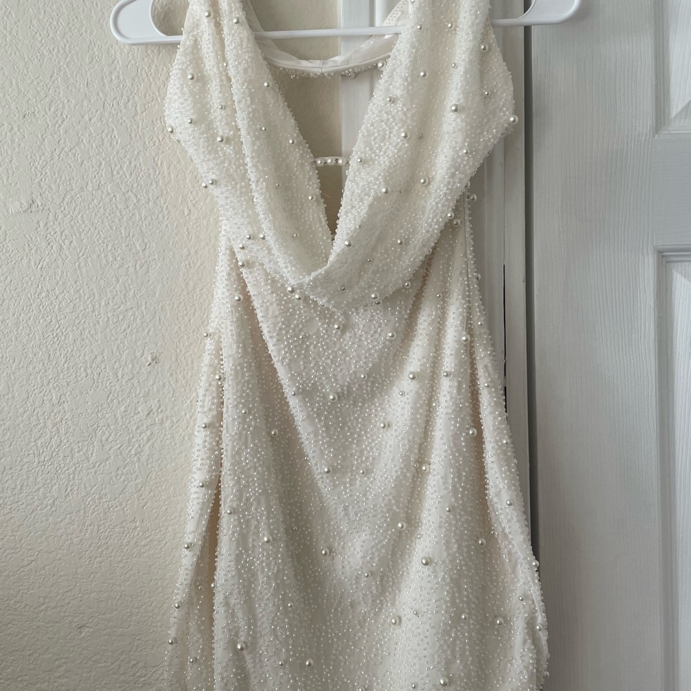 Oh Polly Ivory Pearl-Studded Backless Dress